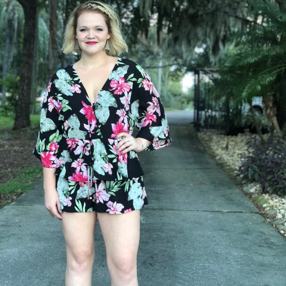 NWT Black floral romper with drawstring waist